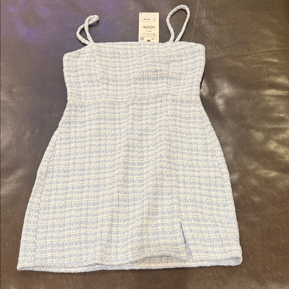 Zara NWT Blue and White Tweed Mini Dress